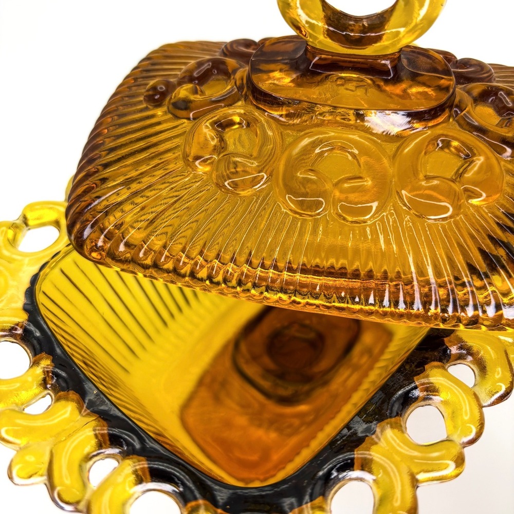 Vintage Indiana Glass Lace Edge Amber Footed Covered Candy Dish Box MCM